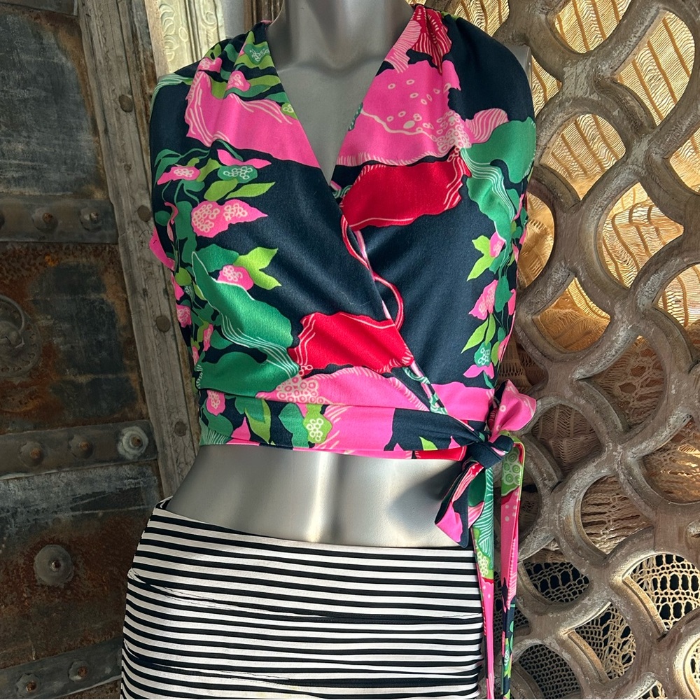 70s Barbie pink floral wrap blouse